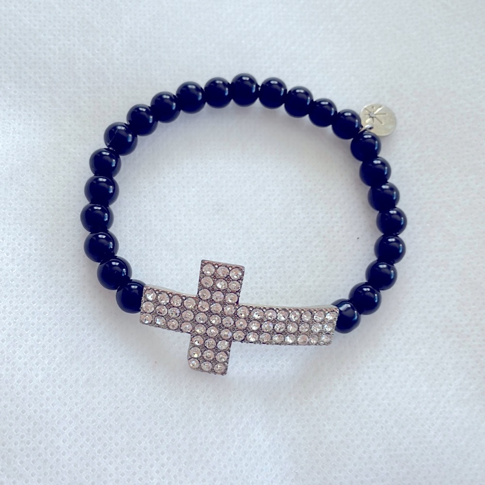 Black beaded stretch bracelet with rhinestone cross
